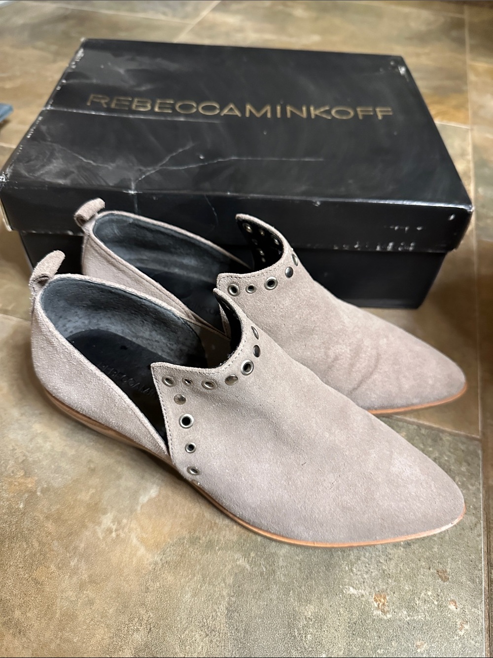 Rebecca Minkoff Taupe Suede Studded Heeled Booties